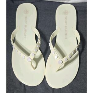 Tory Burch Ivory Synthetic Thong Sandals Studded Logo Accents Women's Size 9M